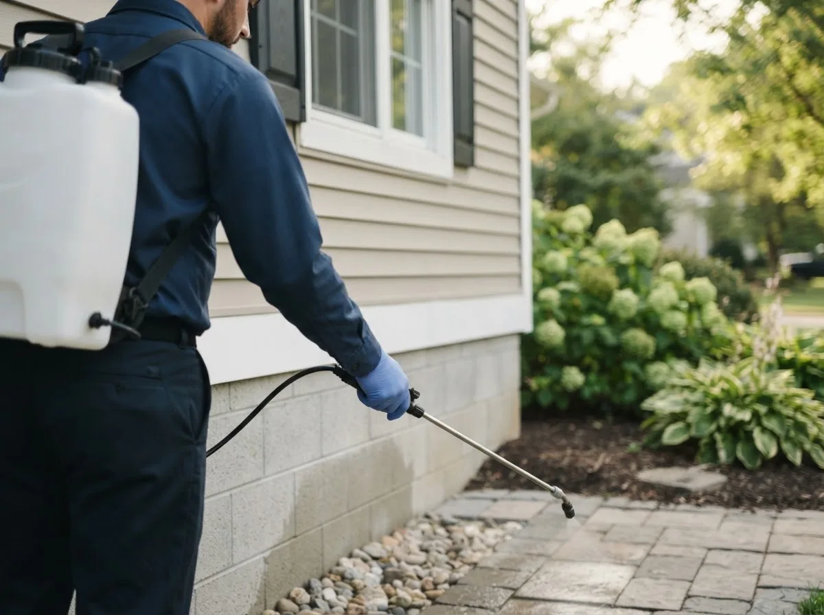Pest control technician inspecting a home in Whitesville, NY